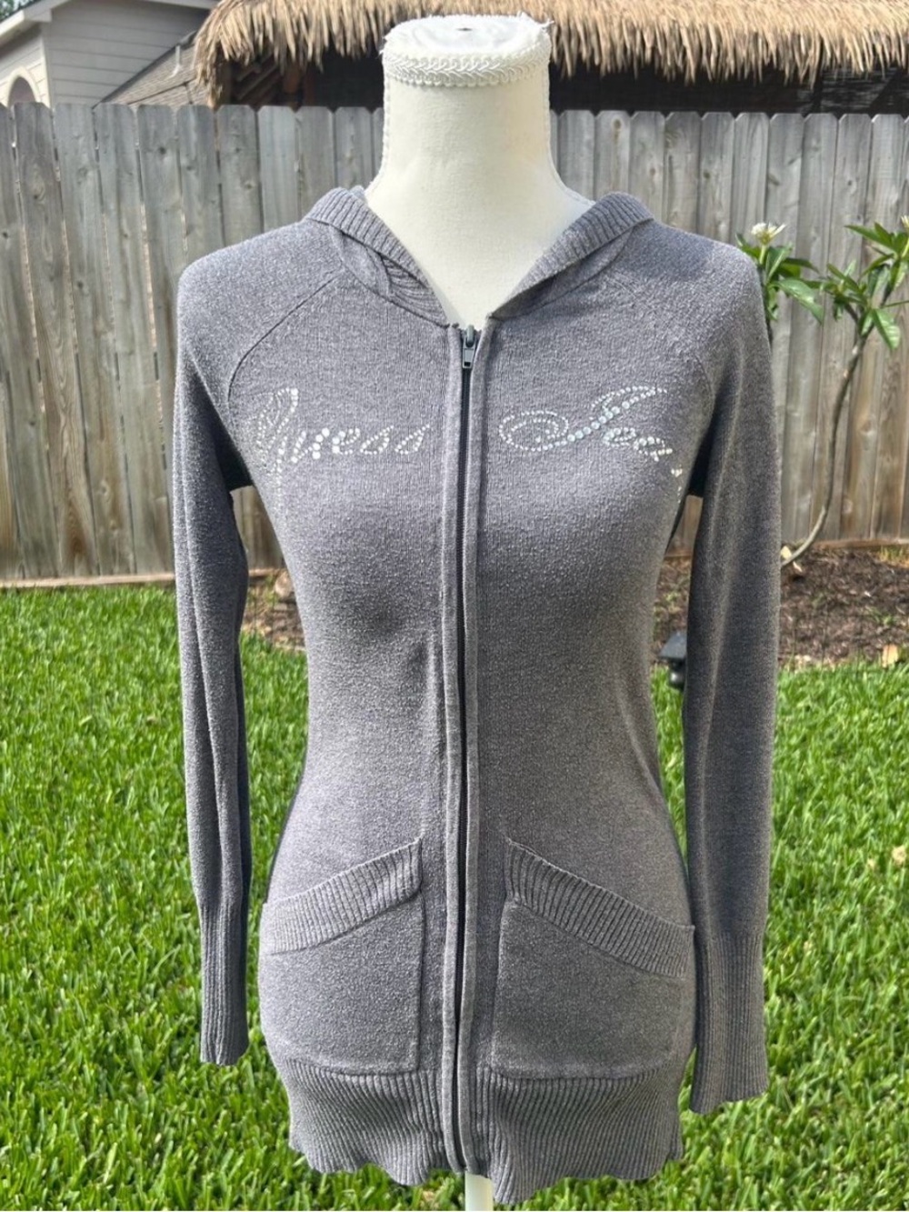 Vintage Y2K Guess grey zip up slim long hoodie with rhinestone logo Size S